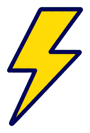 Yellow lightning bolt with a blue outline on a transparent background