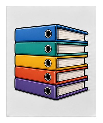 Stack of colorful blank binders with metal rings on a dark background