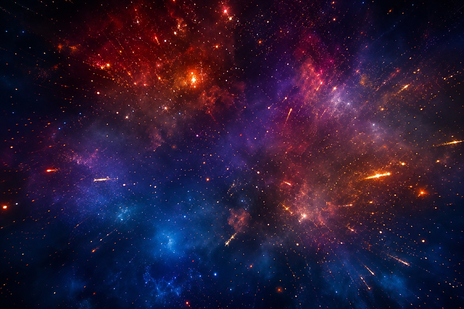 Abstract dark background with blue and orange glowing sparks and radiant light bursts