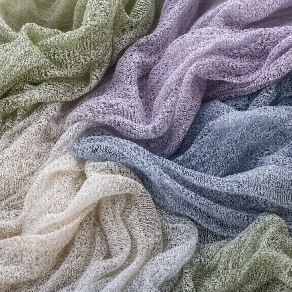 Soft layered gauze fabric folds in sage, lavender, blue, and cream tones