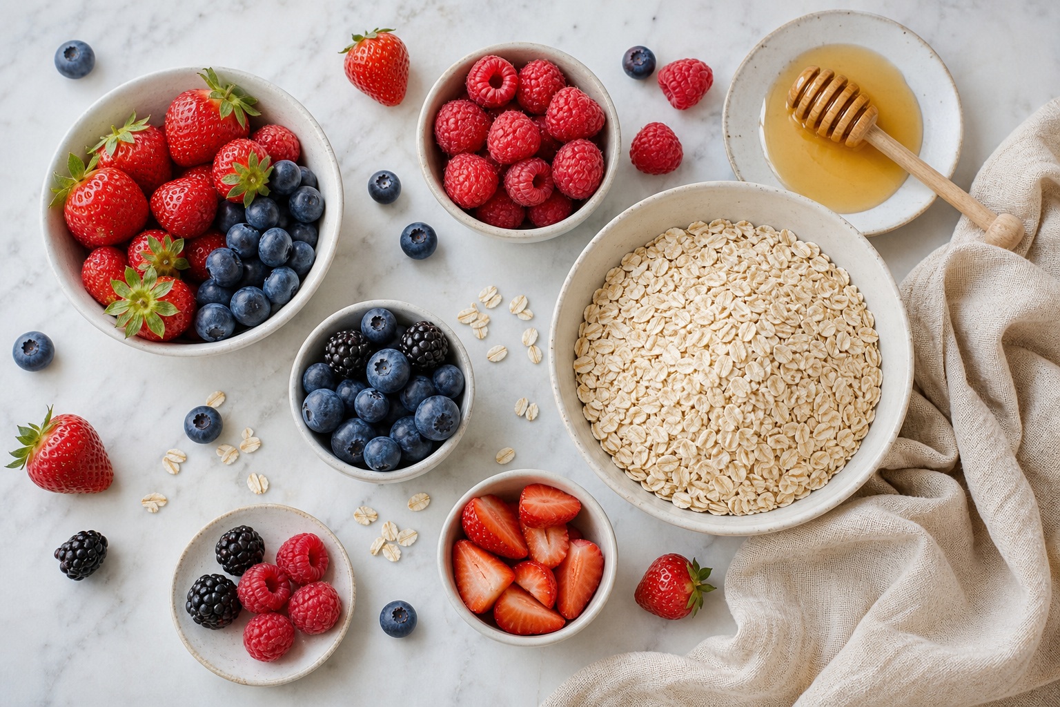 Assorted berries, oats, and a honey dipper arranged in bowls on a light tabletop.