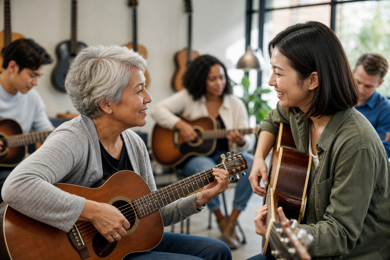Older woman and young woman playing acoustic guitars in a music lesson
