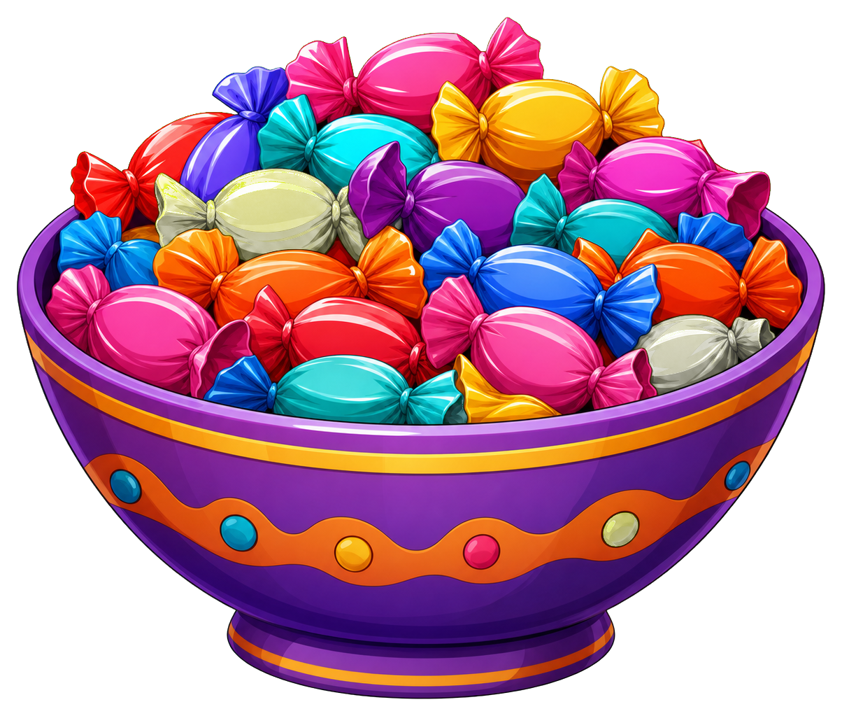 Colorful bowl filled with wrapped candies and sweets