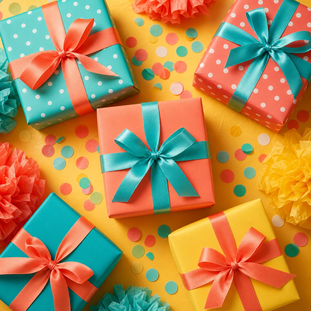 Colorful gift boxes with ribbon bows on a confetti-filled yellow birthday background.