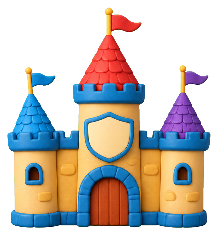 Colorful toy castle with blue, yellow, and purple towers and red roofs.