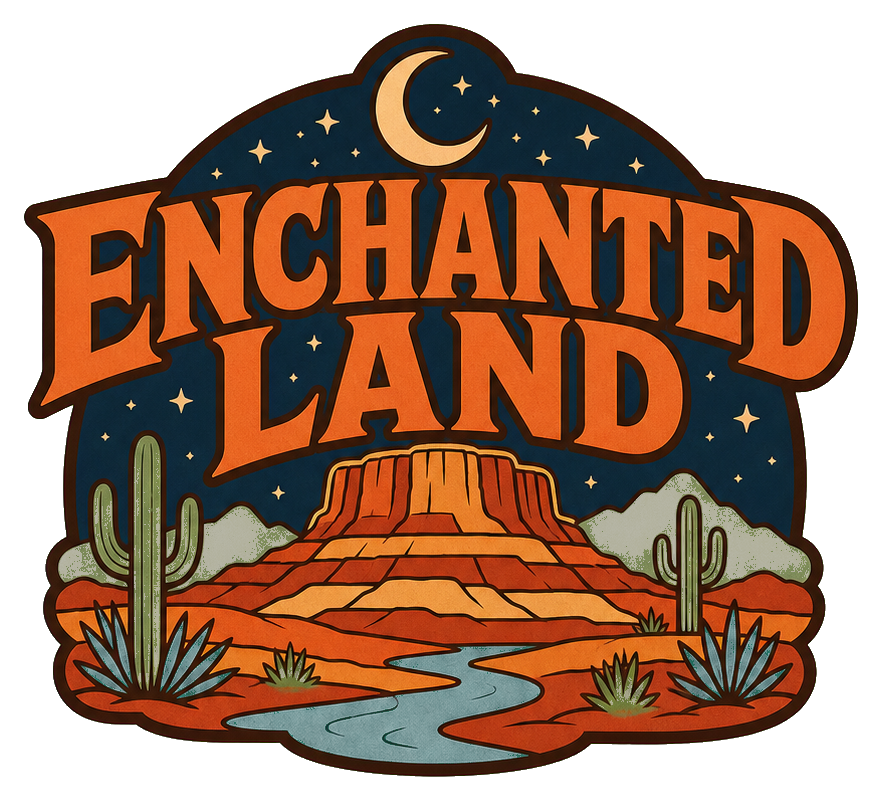 Retro orange Enchanted Land text above a mesa, moon, cactus, and river scene.