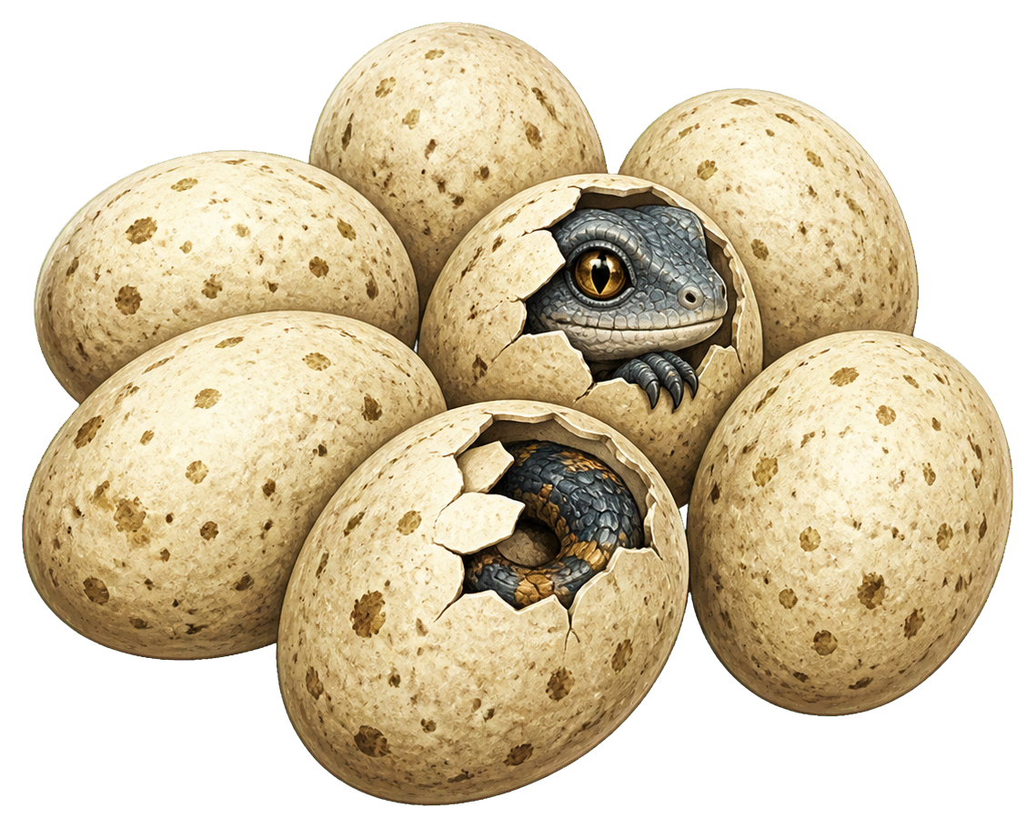 Cluster of speckled reptile eggs with hatchlings peeking out