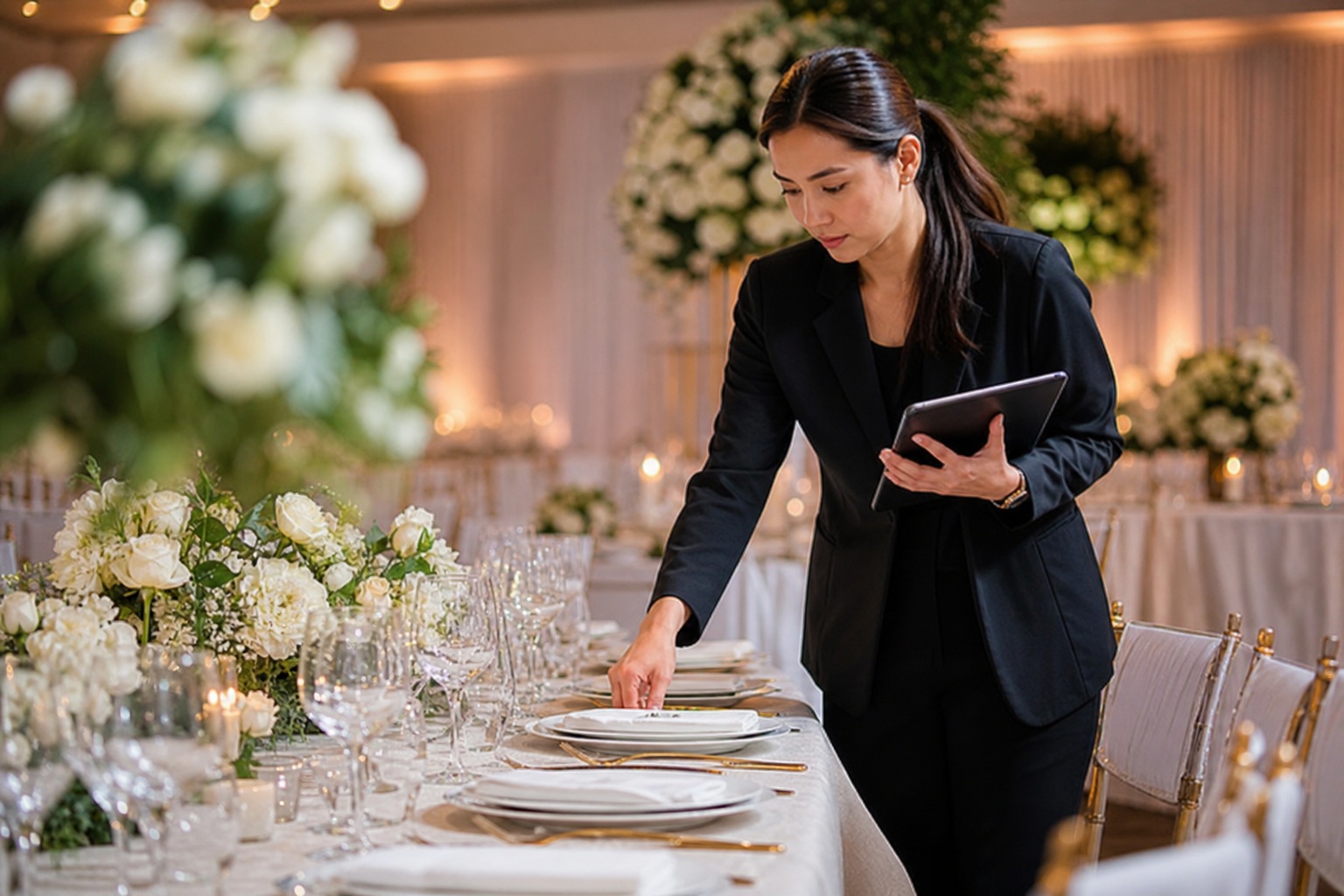 Woman arranging a decorated wedding reception table with flowers and place settings.