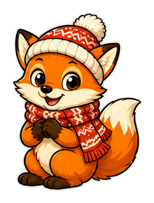 Cute fox wearing a winter hat and patterned scarf, sitting with paws together.