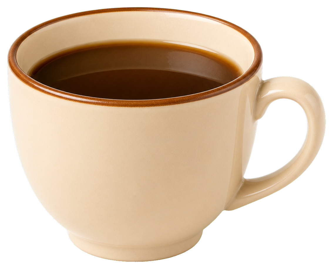 A beige blank coffee cup filled with coffee and a curved handle.