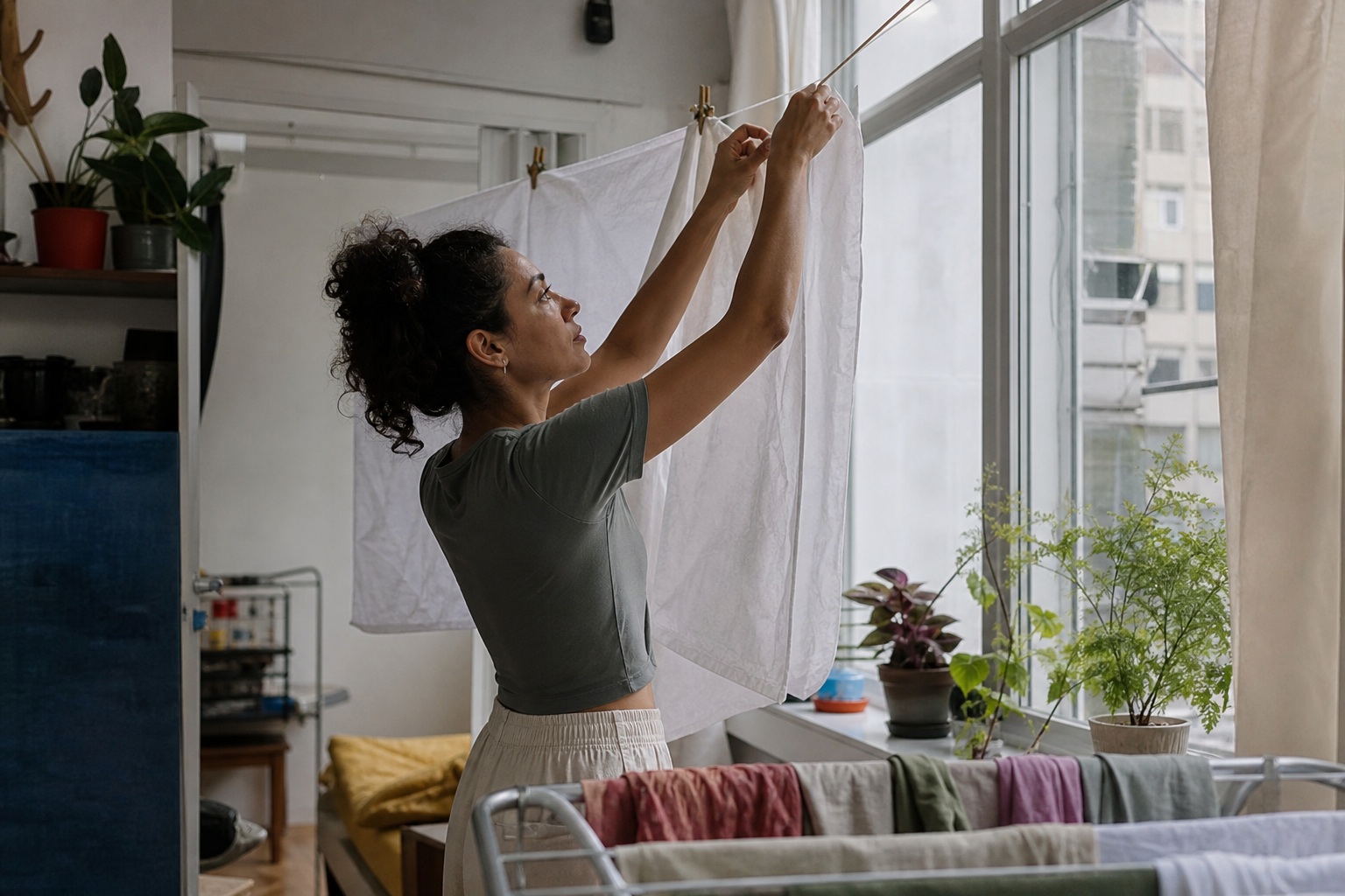 Person hanging laundry beside a bright apartment window in a candid interior scene.