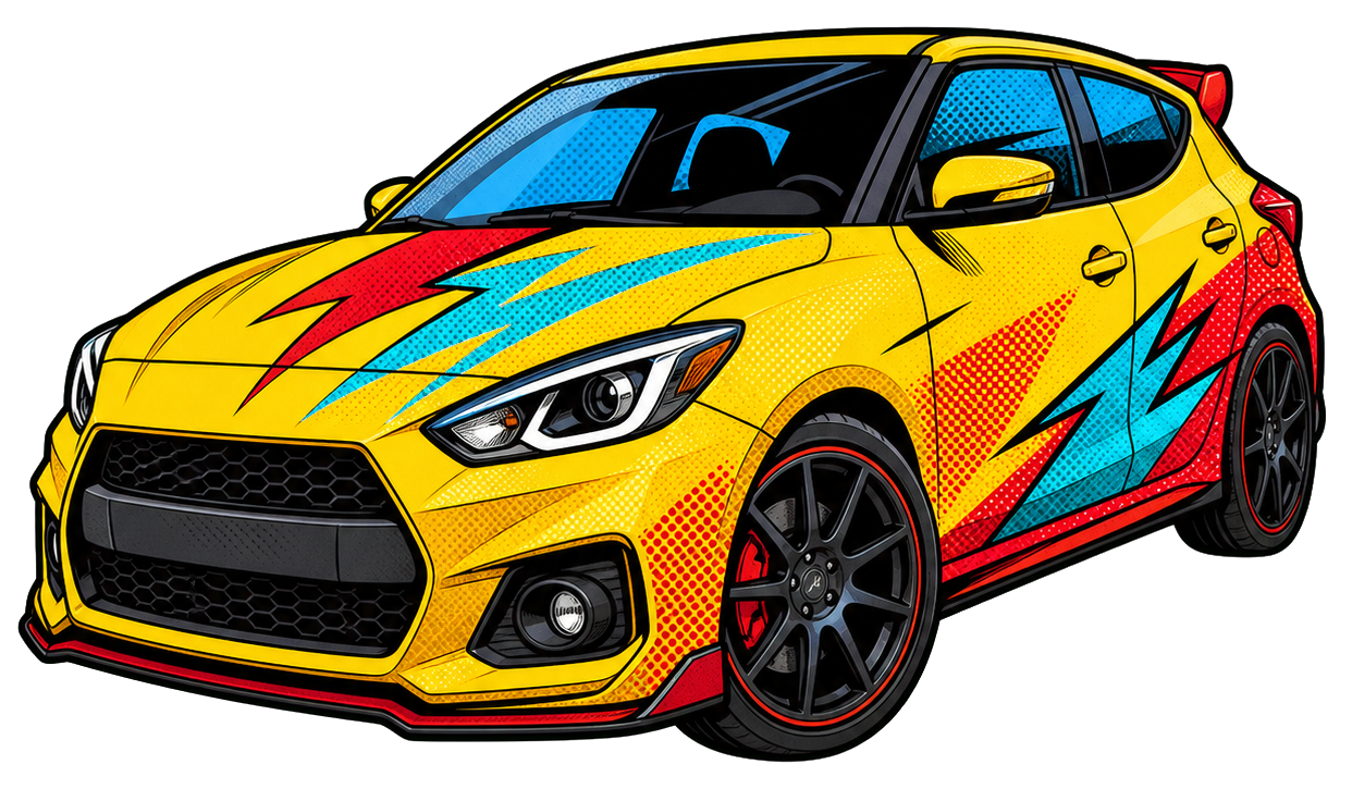 Yellow sporty cartoon car with colorful racing stripes and black wheels