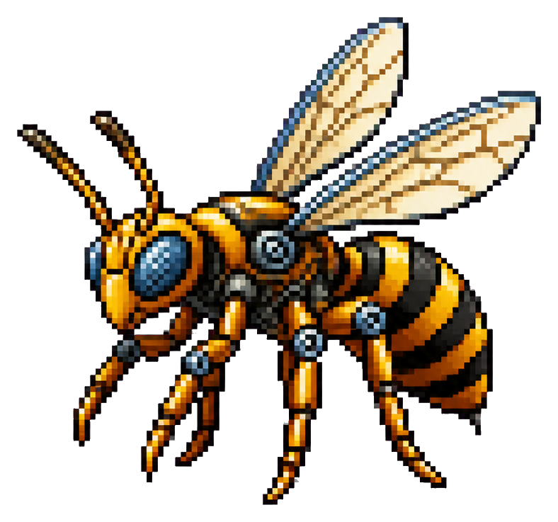 Gold and black mechanical wasp with pixel art wings and metallic body