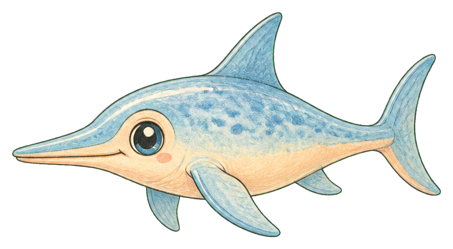 Cute blue ichthyosaur sticker with a smiling face and long streamlined body