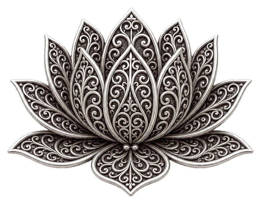 Silver filigree lotus flower sticker with layered petals and ornate swirls