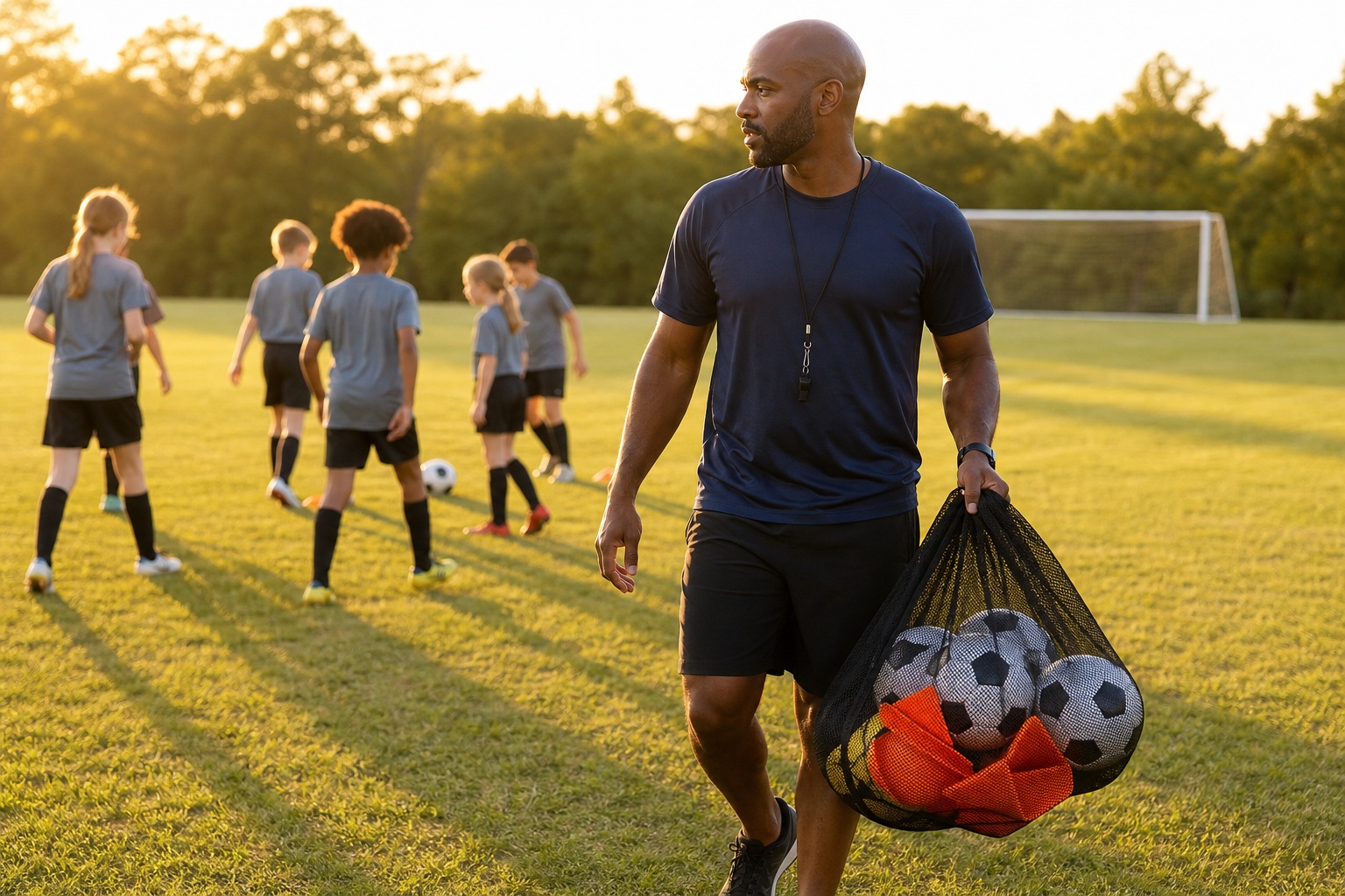 Soccer coach carrying balls across a sunlit field while youth players practice behind him.