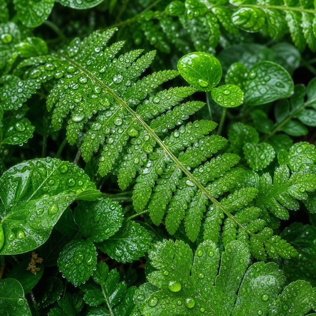 Close-up of wet green leaves covered in raindrops and dew.