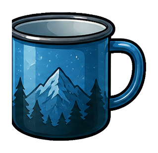 Blue camp mug with a mountain and pine tree scene inside the cup