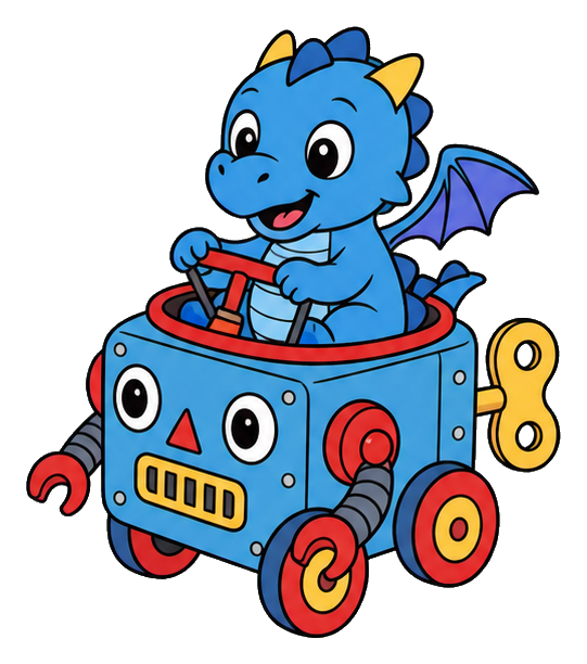 Blue dragon wearing a tin robot body with wheels and colorful mechanical details.