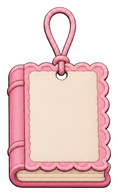 Pink notebook-shaped gift tag sticker with a blank cream label and hanging loop.