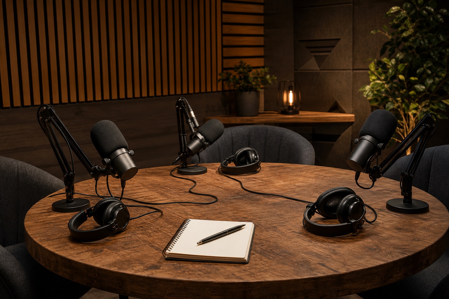 Two microphones on a wooden recording table in a warm podcast studio setup.