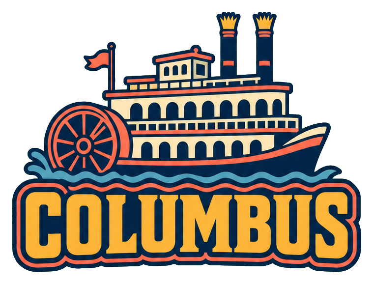 Retro Columbus word art with a riverboat illustration above the text