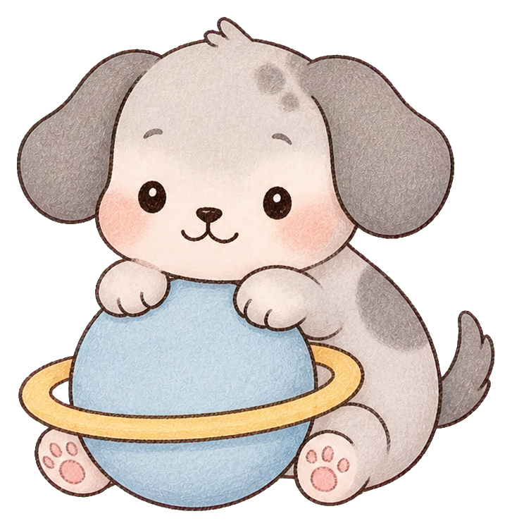 Cute kawaii puppy hugging a tiny blue planet with a yellow ring