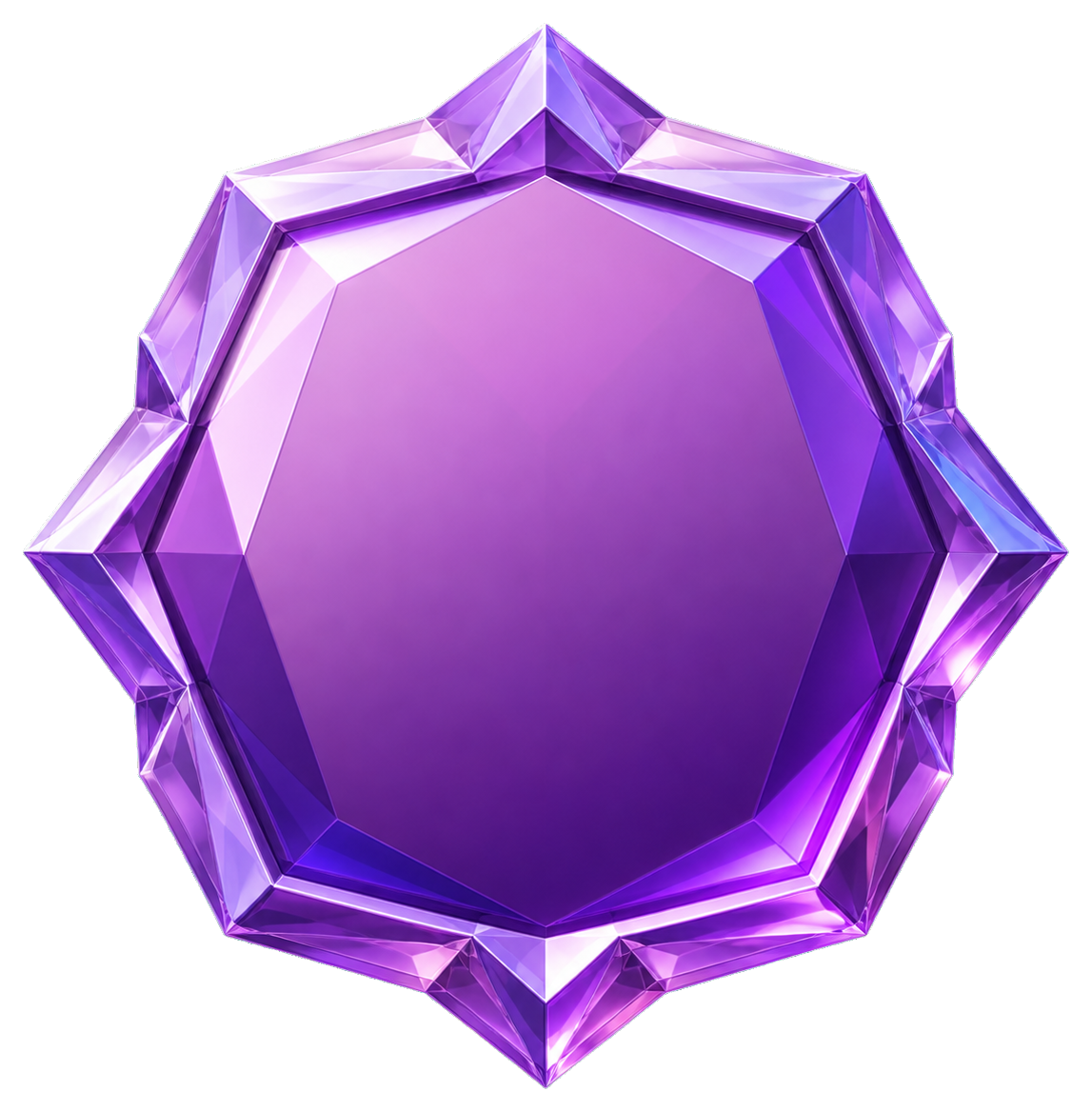 Faceted purple gemstone badge with a blank center and pointed crystal edges.