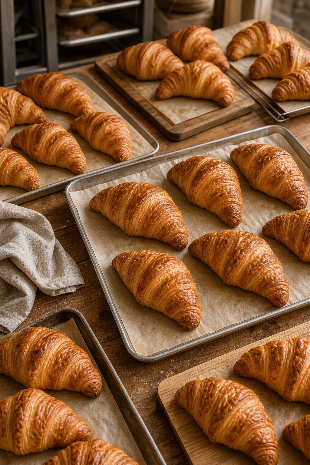 Rows of golden croissants arranged on baking trays beside a folded beige cloth