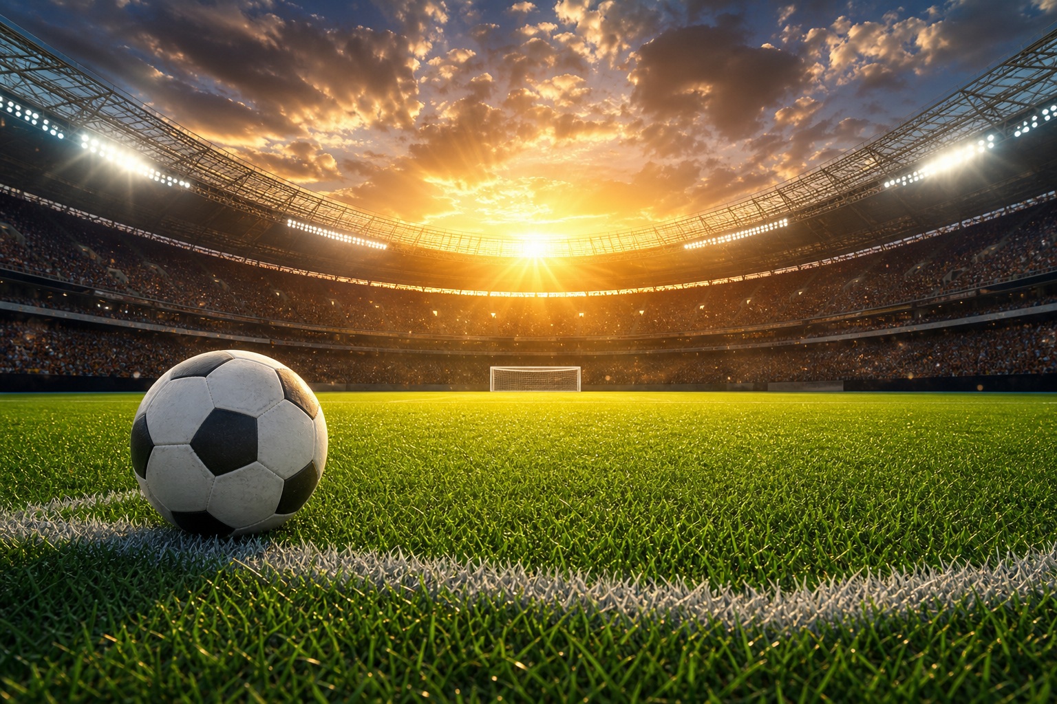 Soccer ball on green turf inside a stadium at sunrise