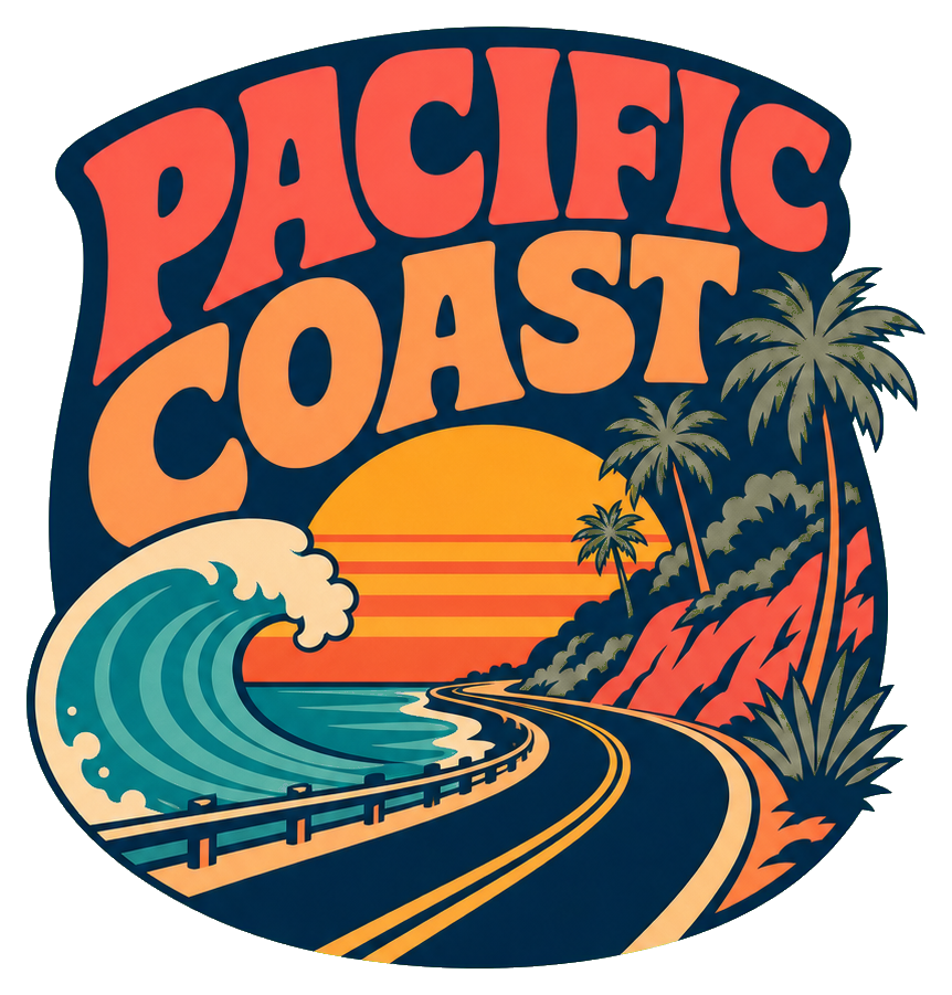 Retro Pacific Coast sticker with curving highway, sunset, palm trees, waves, and cliffs