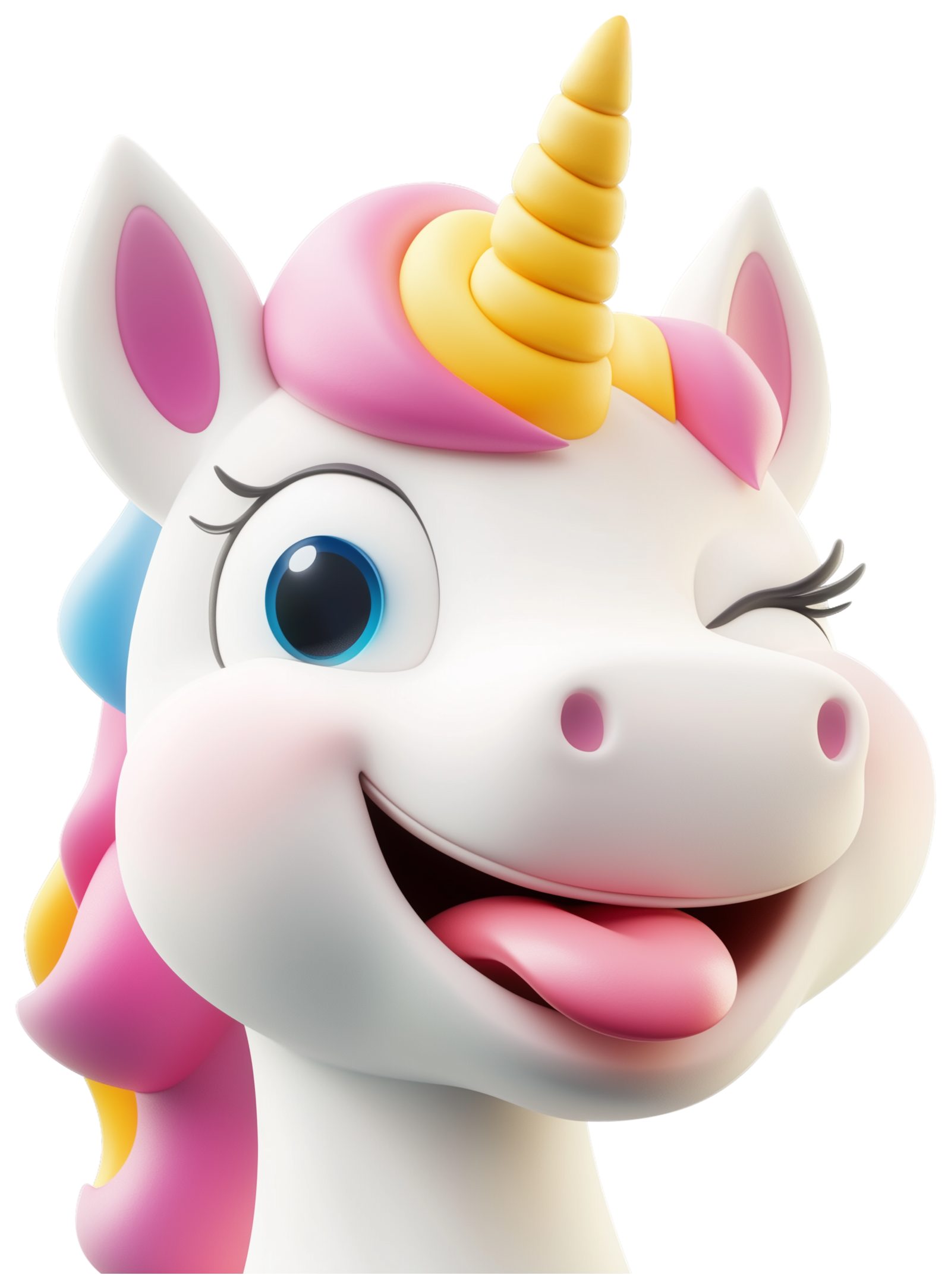 Cute cartoon unicorn head winking with a colorful mane and golden horn.