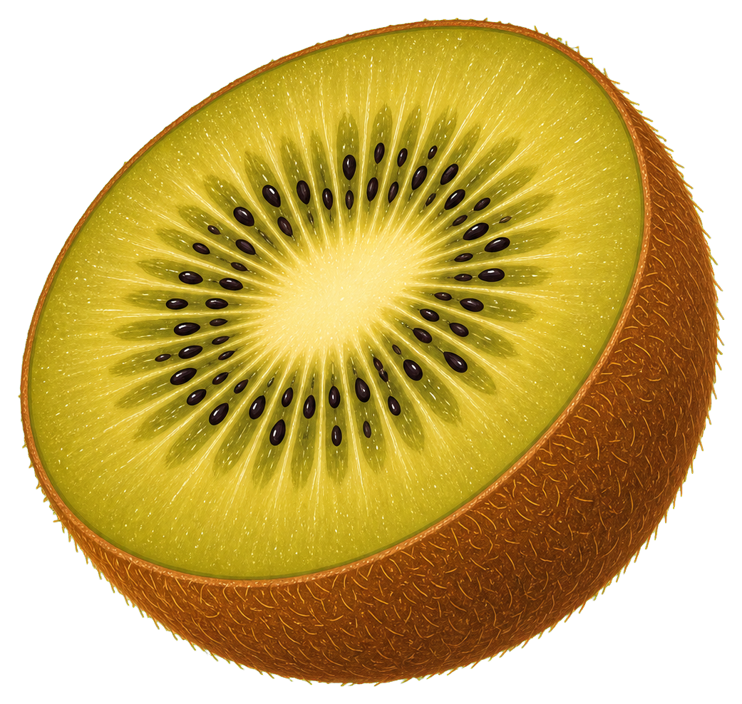 A half kiwi fruit with green flesh, black seeds, and brown fuzzy skin