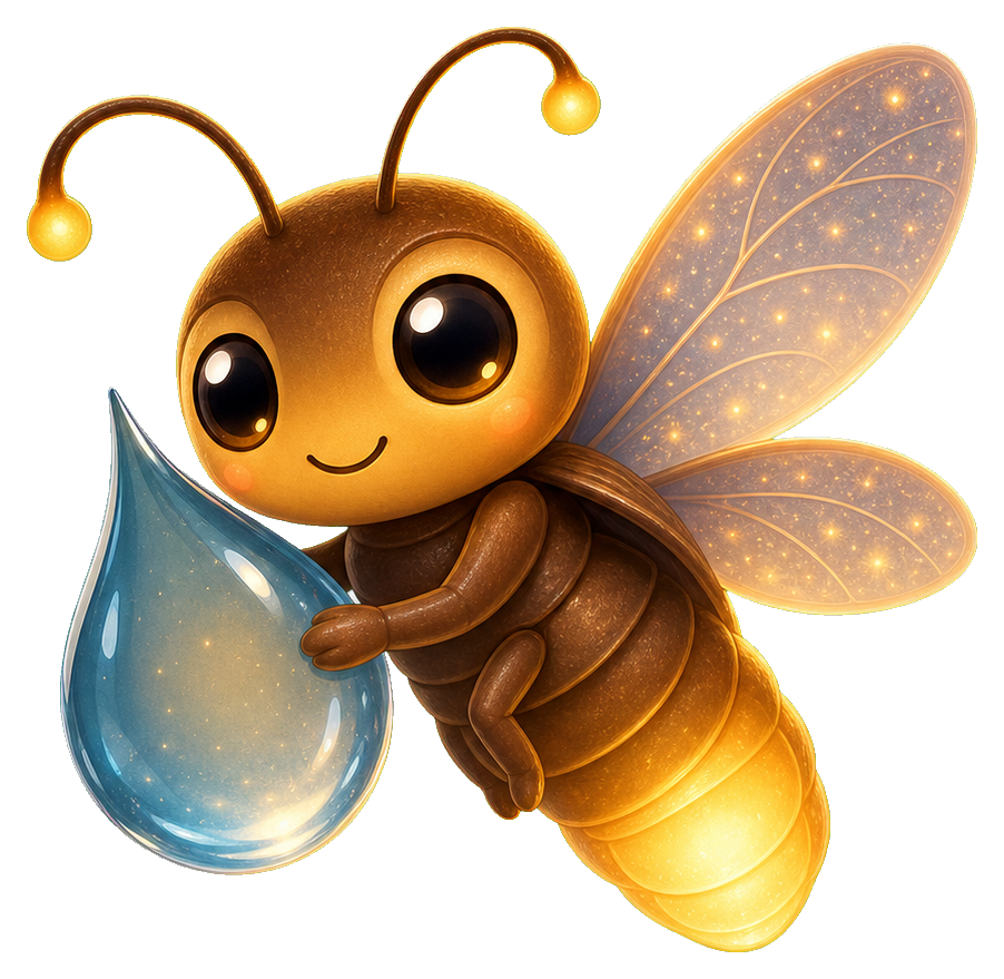 Cute glowing firefly holding a blue raindrop illustration