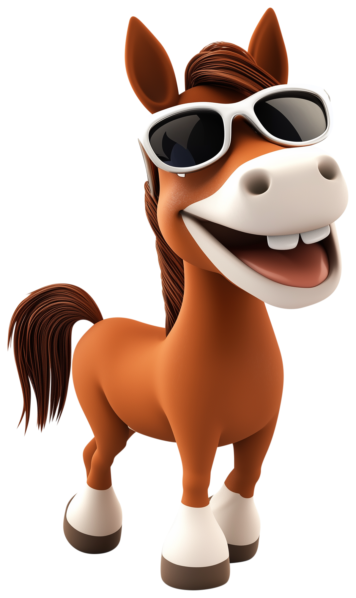 Cute cartoon horse with sunglasses, smiling in a 3D sticker style.