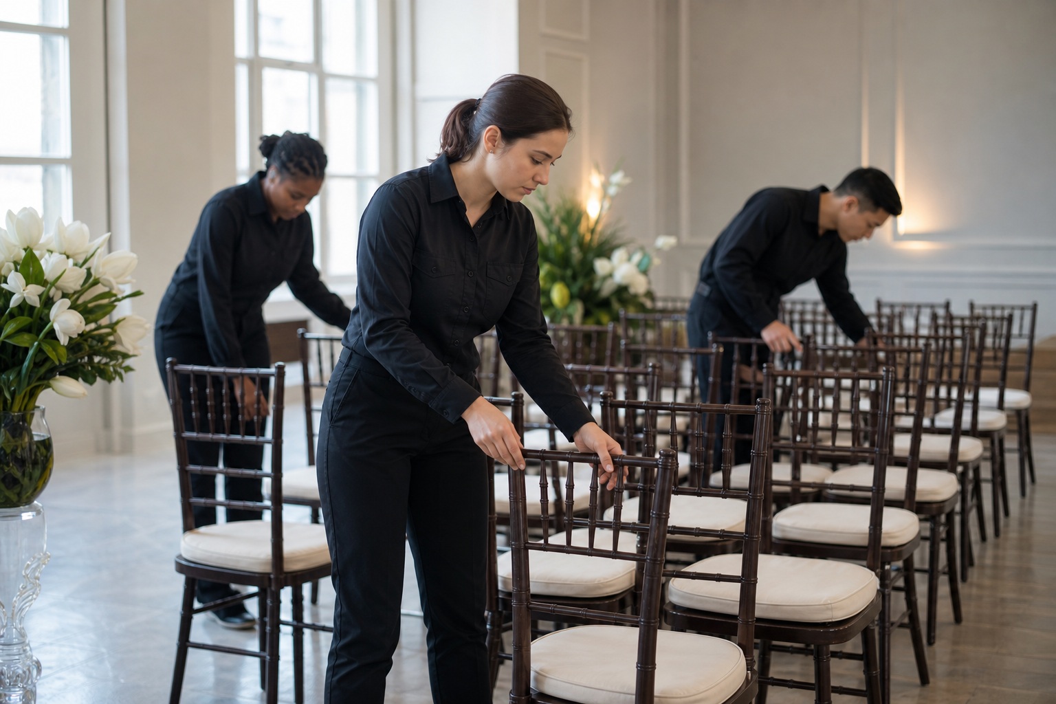Two event staff arranging chairs in an indoor hall during setup