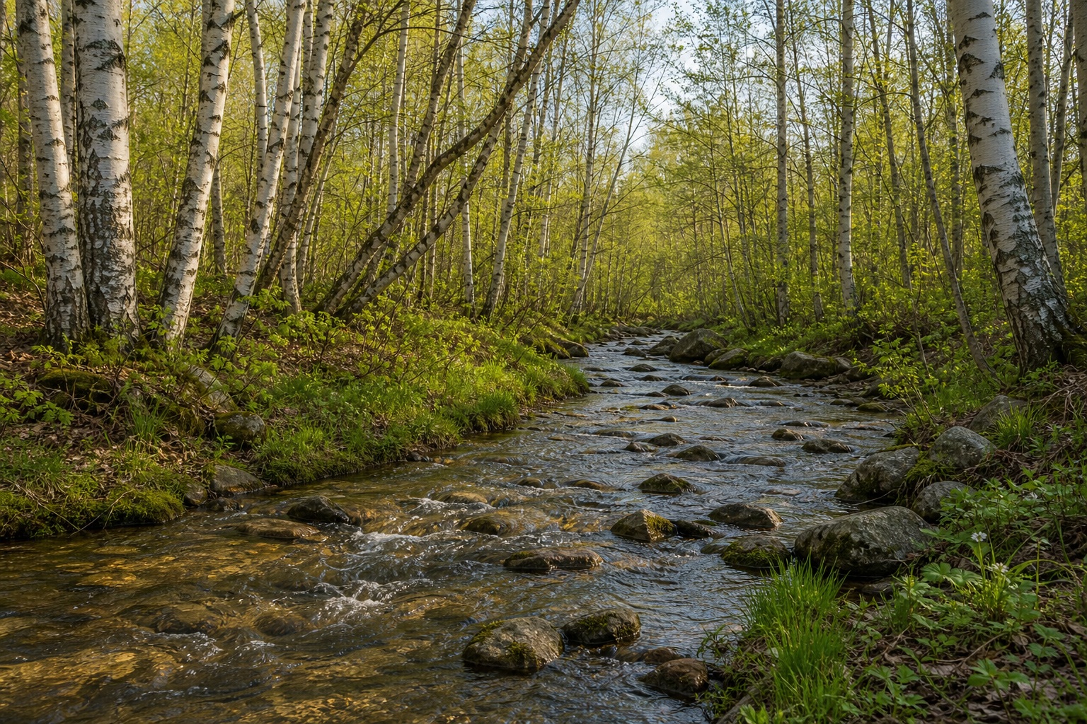 A shallow creek flowing through a birch grove with green spring trees and rocks