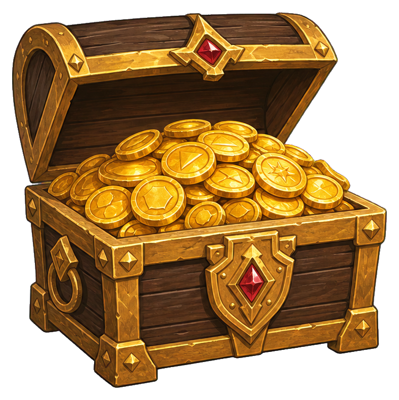 Gold treasure chest overflowing with coins and red jewel accents