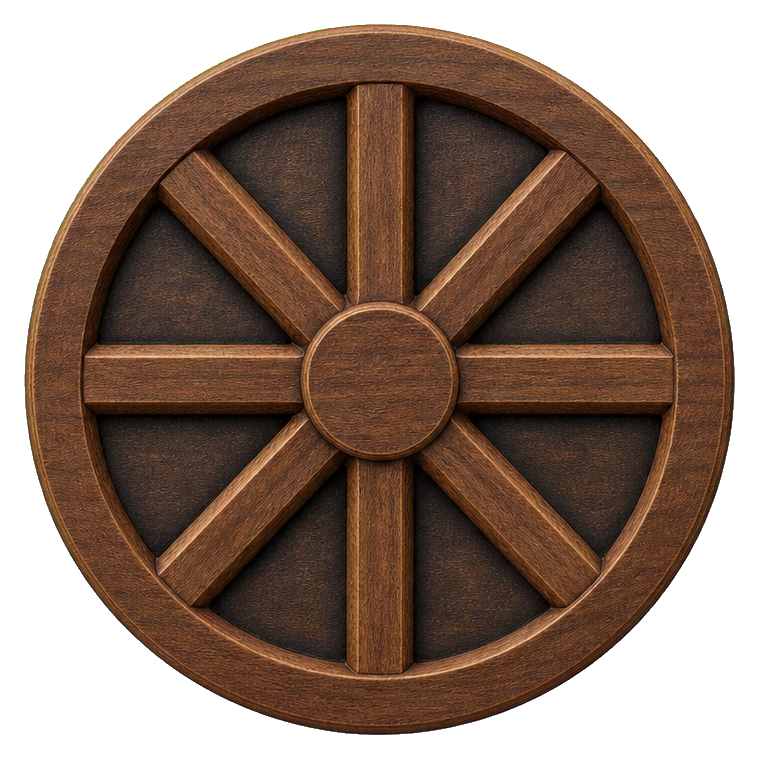 Carved wooden dharma wheel with eight spokes on a circular walnut background