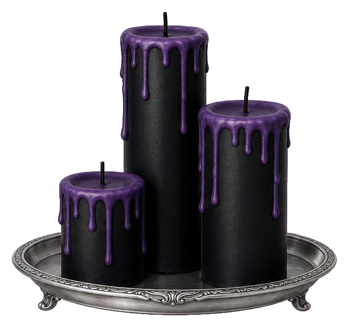 Three black candles with purple wax drips arranged on a silver tray
