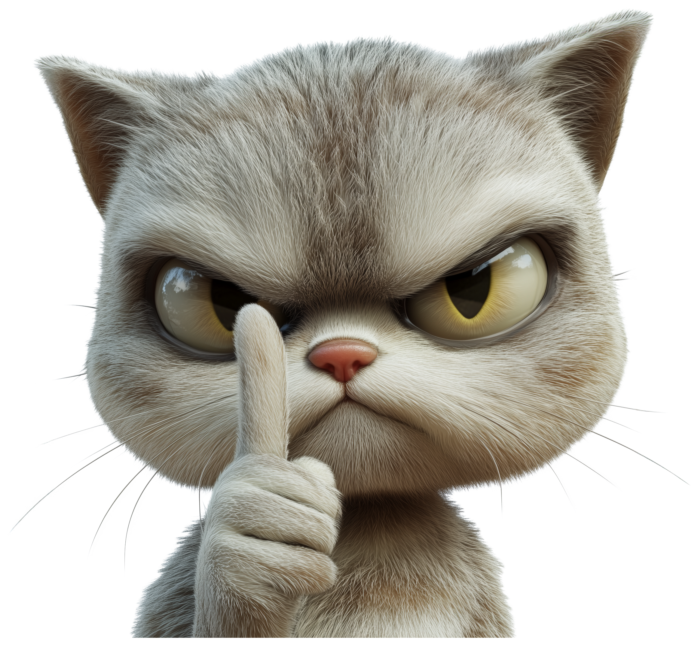 3D grumpy cat emoji holding a finger to its mouth in a shushing gesture.