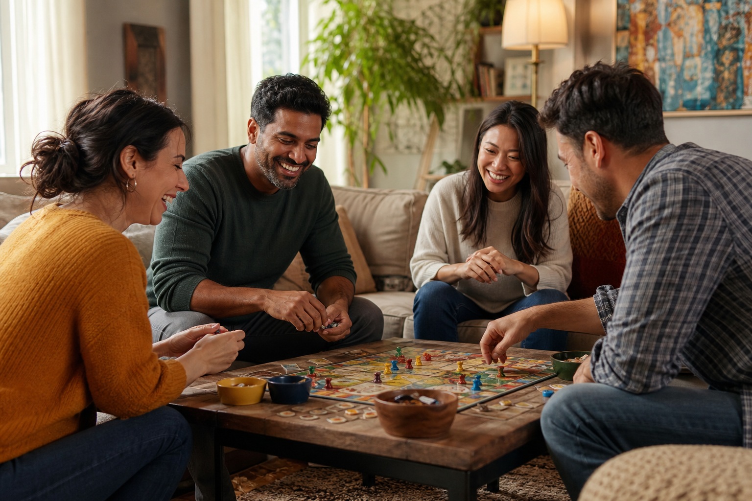 Family sitting together in a living room and playing a board game on a coffee table.