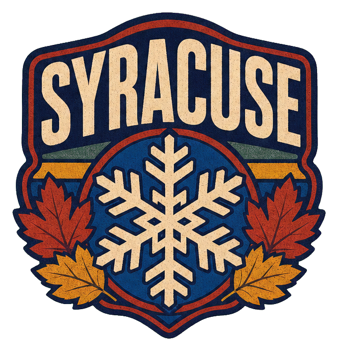 Retro Syracuse badge sticker with a snowflake and autumn leaves
