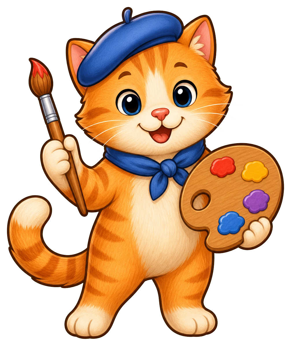 Cute orange cat holding a paintbrush and artist palette