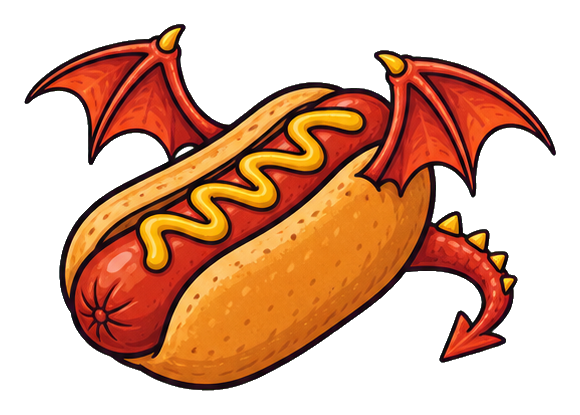 Wacky hotdog dragon sticker with red wings and a curled tail