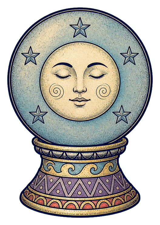 Illustrated crystal ball with a moon face and stars on a patterned base