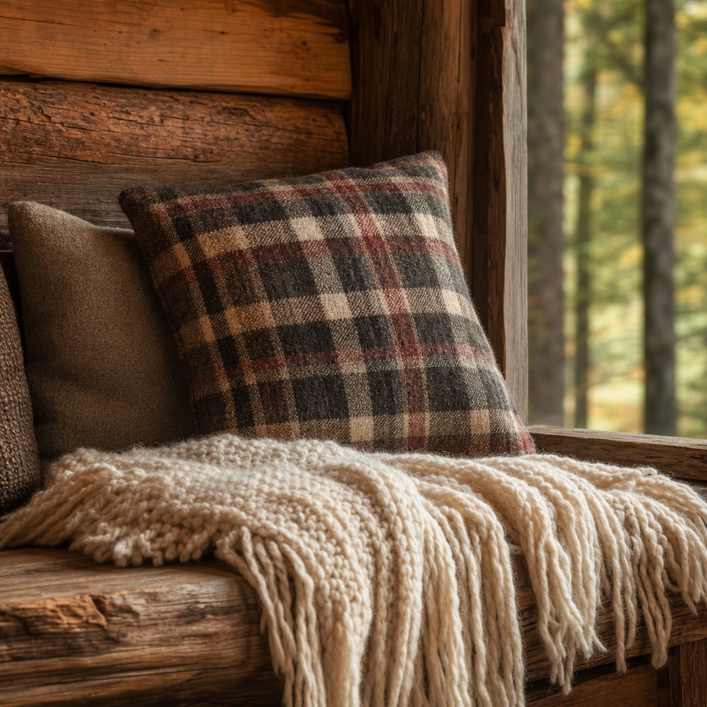 Plaid pillows and a chunky knit blanket on a rustic wooden cabin bench by a window.