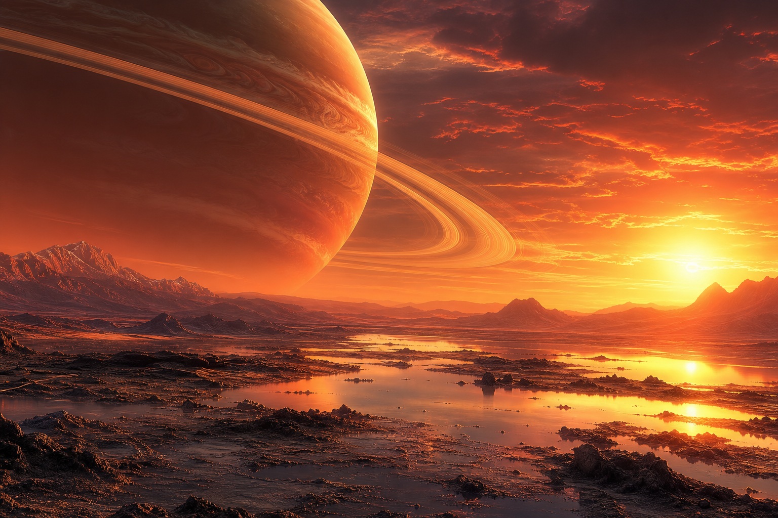 Ringed planet over a glowing alien sunset above a rocky sci-fi landscape.