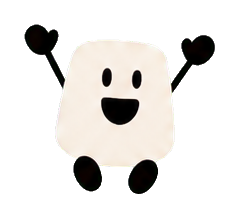 Cute square mascot character jumping with a happy face and raised arms.