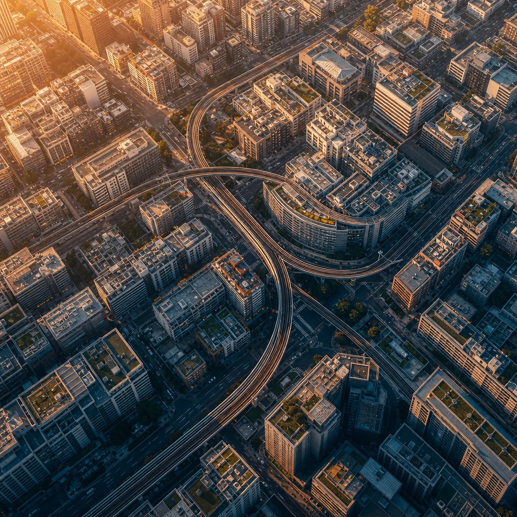 Aerial view of a dense city grid with roads, buildings, and warm sunset light.